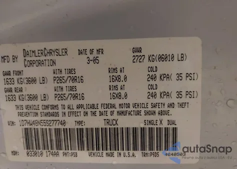 2005 Dodge Dakota Slt z USA, uszkodzony, nr VIN 1D7HW48N55S277740